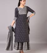 V TRADITION Women Navy Blue Printed Kurta with Sharara  With Dupatta