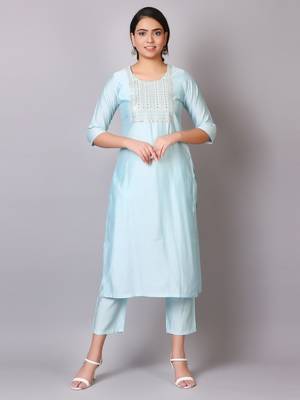 V TRADITION Women Blue Paisley Sequins Embroidered Yoke Design Kurti With Trouser 1