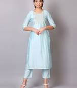 V TRADITION Women Blue Paisley Sequins Embroidered Yoke Design Kurti With Trouser