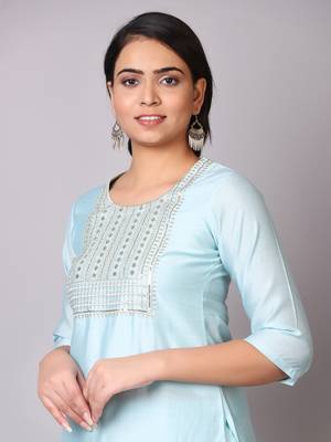 V TRADITION Women Blue Paisley Sequins Embroidered Yoke Design Kurti With Trouser 2