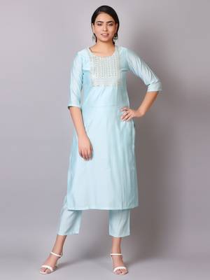 V TRADITION Women Blue Paisley Sequins Embroidered Yoke Design Kurti With Trouser 3