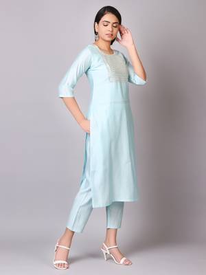 V TRADITION Women Blue Paisley Sequins Embroidered Yoke Design Kurti With Trouser 4