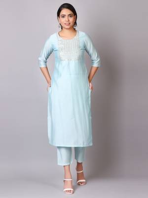 V TRADITION Women Blue Paisley Sequins Embroidered Yoke Design Kurti With Trouser 5