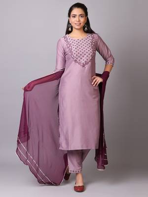V TRADITION Women Purple Floral Yoke Design Mirror Work Kurta with Trousers  With Dupatta 1