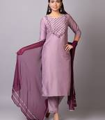 V TRADITION Women Purple Floral Yoke Design Mirror Work Kurta with Trousers  With Dupatta