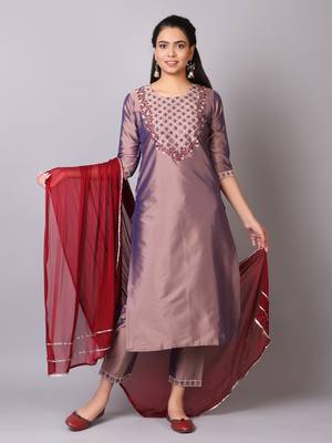 V TRADITION Women Brown Yoke Design Kurta with Trousers  With Dupatta 1