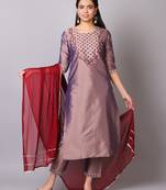 V TRADITION Women Brown Yoke Design Kurta with Trousers  With Dupatta