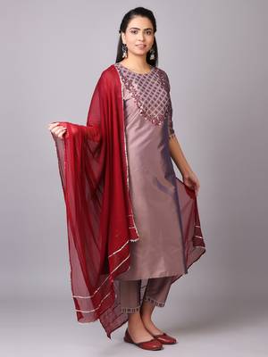 V TRADITION Women Brown Yoke Design Kurta with Trousers  With Dupatta 3