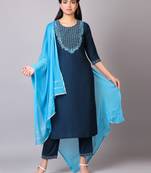 V TRADITION Women Blue Ethnic Motifs Embroidered Kurta With Churidar  Dupatta