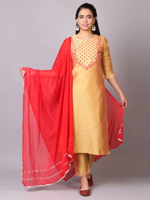 V TRADITION Women Yellow Ethnic Motifs Yoke Design Kurta with Trousers  With Dupatta 1