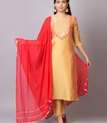 V TRADITION Women Yellow Ethnic Motifs Yoke Design Kurta with Trousers  With Dupatta