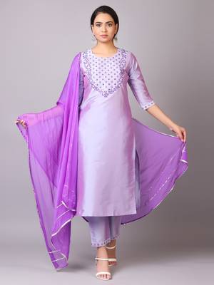 V TRADITION Women Purple Yoke Design Kurta  Trouser With Dupatta 1
