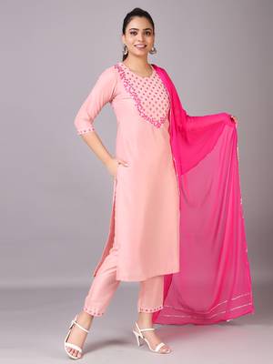 V TRADITION Women Pink Mirror Work Kurta With Trousers  With Dupatta 1