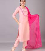 V TRADITION Women Pink Mirror Work Kurta With Trousers  With Dupatta