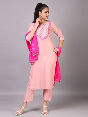 V TRADITION Women Pink Mirror Work Kurta With Trousers  With Dupatta 3