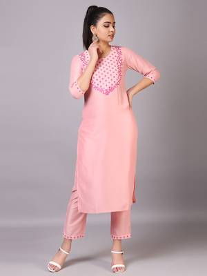 V TRADITION Women Pink Mirror Work Kurta With Trousers  With Dupatta 4