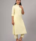 V TRADITION Women Yellow Solid Cotton Blend Kurta with Trouser