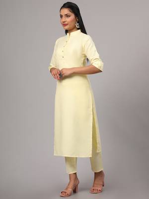 V TRADITION Women Yellow Solid Cotton Blend Kurta with Trouser 3