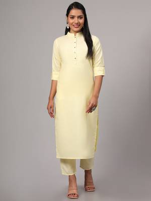 V TRADITION Women Yellow Solid Cotton Blend Kurta with Trouser 4