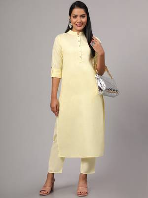 V TRADITION Women Yellow Solid Cotton Blend Kurta with Trouser 5