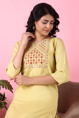 V TRADITION Women Yellow Yoke Design Kurta with Trouser 2