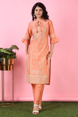 V TRADITION Women Orange Ethnic Motifs Printed Kurta with Salwar 1