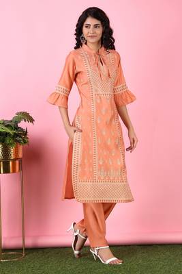 V TRADITION Women Orange Ethnic Motifs Printed Kurta with Salwar 2