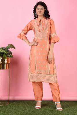 V TRADITION Women Orange Ethnic Motifs Printed Kurta with Salwar 4