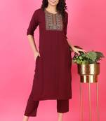 V TRADITION Women Maroon Embroidered Kurta with Trousers
