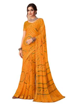 Yellow printed chiffon bandhani saree with blouse 1