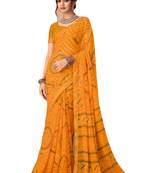 Yellow printed chiffon bandhani saree with blouse