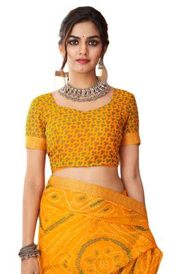 Yellow printed chiffon bandhani saree with blouse 2