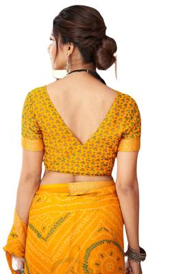 Yellow printed chiffon bandhani saree with blouse 3