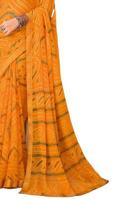 Yellow printed chiffon bandhani saree with blouse 4
