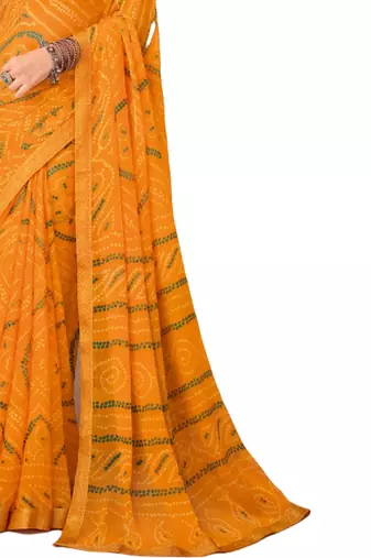 Yellow printed chiffon bandhani saree with blouse