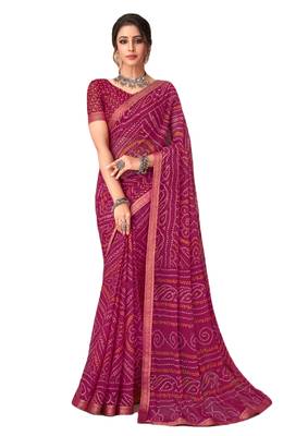 Plum printed chiffon bandhani saree with blouse 1