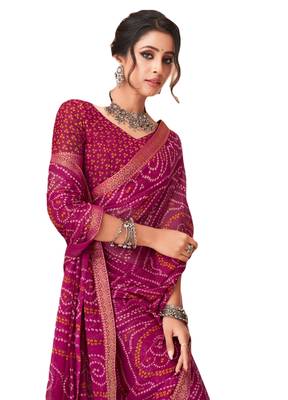 Plum printed chiffon bandhani saree with blouse 2