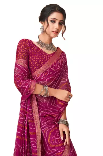 Plum printed chiffon bandhani saree with blouse