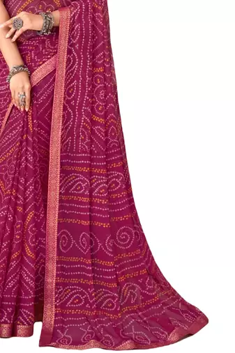 Plum printed chiffon bandhani saree with blouse