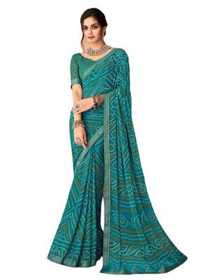 Turquoise printed chiffon bandhani saree with blouse 1