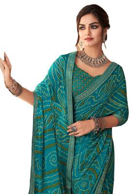 Turquoise printed chiffon bandhani saree with blouse 2