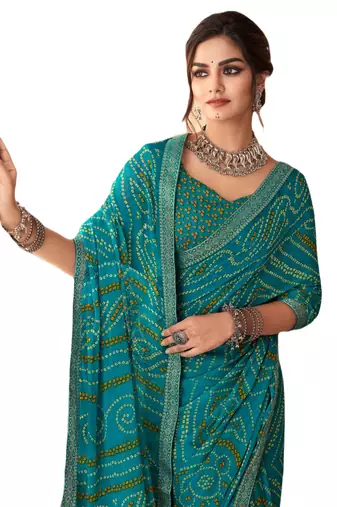 Turquoise printed chiffon bandhani saree with blouse