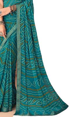 Turquoise printed chiffon bandhani saree with blouse 3