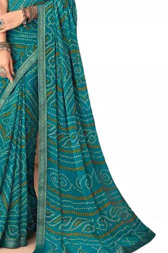 Turquoise printed chiffon bandhani saree with blouse