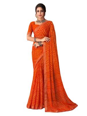 Orange printed chiffon bandhani saree with blouse 1