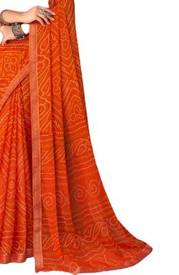 Orange printed chiffon bandhani saree with blouse 3