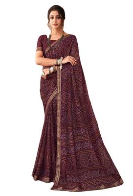 Wine printed chiffon bandhani saree with blouse 1