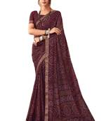 Wine printed chiffon bandhani saree with blouse