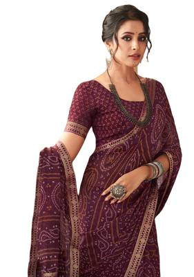 Wine printed chiffon bandhani saree with blouse 2