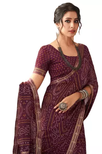 Wine printed chiffon bandhani saree with blouse